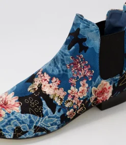 Women I LOVE BILLY Boots-Endale Blue Floral Multi Velvet Chelsea Boots