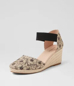 Women DIANA FERRARI Espadrilles|Wedges-Falecia Natural Black Fabric Elastic Wedges