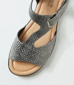 Women SUPERSOFT Flats|Sandals-Fanne2 Charcoal Cross Hatch Leather Sandals