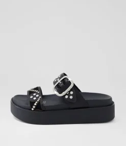 Women TOP END Slides|Sandals-Gawler Black Leather Suede Slides