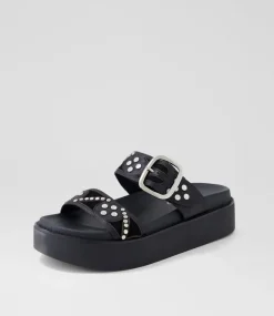 Women TOP END Slides|Sandals-Gawler Black Leather Suede Slides