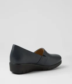 Women SUPERSOFT Comfort|Loafers-Gayye Navy Wide Fit Leather Wedges