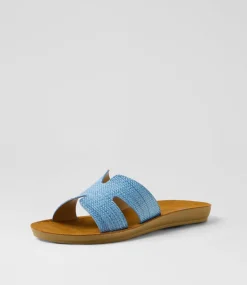 Women I LOVE BILLY Slides|Flats-Glori Blue Synthetic Raffia Slides