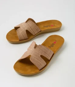 Women I LOVE BILLY Flats|Sandals-Glori Coffee Synthetic Raffia Slides