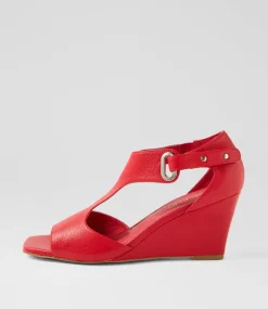Women TOP END Wedges|Heels-Harnece New Red Leather Sandals