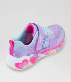 SKECHERS Sport School Shoes-Heart Lights Junior Pink Rainbow Canvas Fabric Sneakers