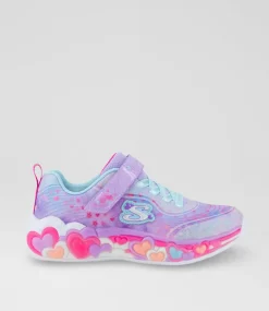 SKECHERS Sport School Shoes-Heart Lights Junior Pink Rainbow Canvas Fabric Sneakers
