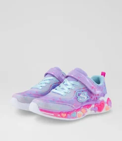 SKECHERS Sport School Shoes-Heart Lights Junior Pink Rainbow Canvas Fabric Sneakers