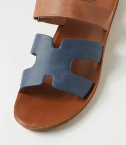 Women I LOVE BILLY Flats-Kistali Navy Tan Sandals