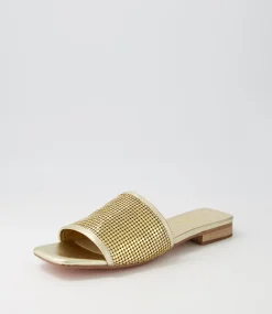 Women TOP END Flats|Slides-Koyner Gold Metal Leather Slides