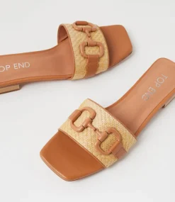 Women TOP END Flats|Slides-Kuzil Dark Tan Natural Synthetic Raffia Leather Slides