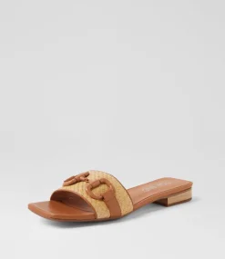 Women TOP END Flats|Slides-Kuzil Dark Tan Natural Synthetic Raffia Leather Slides