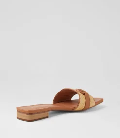 Women TOP END Flats|Slides-Kuzil Dark Tan Natural Synthetic Raffia Leather Slides