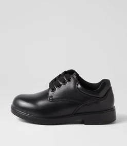 LYNX BLUE Junior School Shoes-Kyson Jnr E Black Leather Lace Up Flats