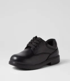 LYNX BLUE Junior School Shoes-Kyson Jnr E Black Leather Lace Up Flats
