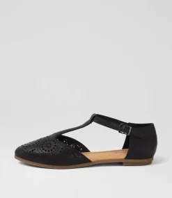 Women DIANA FERRARI Flats-Larvey Black Leather Flat Shoes