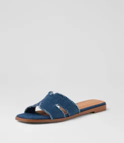 Women TOP END Flats|Slides-Lennox Dark Denim Fabric Slides