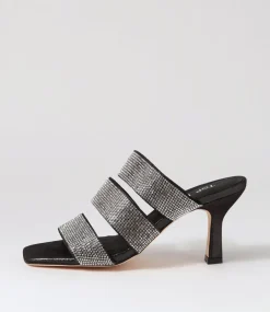 Women TOP END Heels|Sandals-Lomme Black Shimmer Silver Leather Jewels Mules