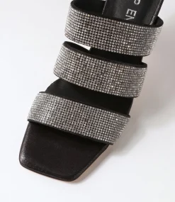 Women TOP END Heels|Sandals-Lomme Black Shimmer Silver Leather Jewels Mules