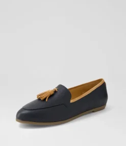 Women DIANA FERRARI Flats|Loafers-Lorrayne Navy Dark Tan Leather Loafers