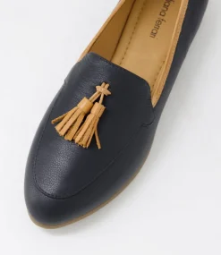 Women DIANA FERRARI Flats|Loafers-Lorrayne Navy Dark Tan Leather Loafers