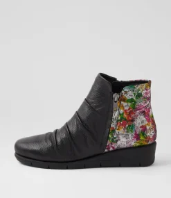 Women SUPERSOFT Boots|Comfort-Maxie Black Painted Floral Leather Ankle Boots