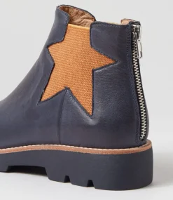 Women TOP END Boots-Missha Dark Navy Cognac Leather Elastic Chelsea Boots
