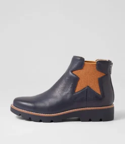 Women TOP END Boots-Missha Dark Navy Cognac Leather Elastic Chelsea Boots