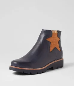 Women TOP END Boots-Missha Dark Navy Cognac Leather Elastic Chelsea Boots