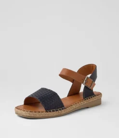 Women DIANA FERRARI Flats|Sandals-Mona Navy Tan Leather Sandals