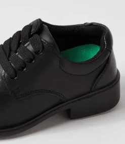 LYNX Junior School Shoes-Mylie Jnr E Lace Black Leather Lace Up Flats
