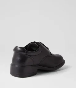 LYNX Junior School Shoes-Mylie Jnr E Lace Black Leather Lace Up Flats