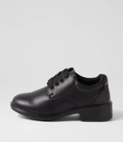 LYNX Junior School Shoes-Mylie Jnr E Lace Black Leather Lace Up Flats