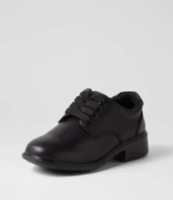 LYNX Junior School Shoes-Mylie Jnr E Lace Black Leather Lace Up Flats