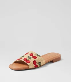 Women TOP END Slides|Flats-Nahlas Natural Cherries Fabric Slides