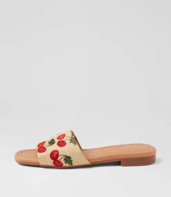 Women TOP END Slides|Flats-Nahlas Natural Cherries Fabric Slides