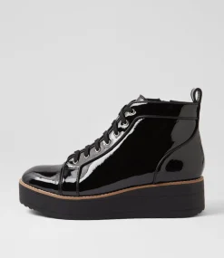 Women TOP END Boots|Wedges-Nirra Black Patent Leather Lace Up Boots