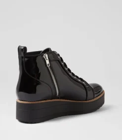 Women TOP END Boots|Wedges-Nirra Black Patent Leather Lace Up Boots