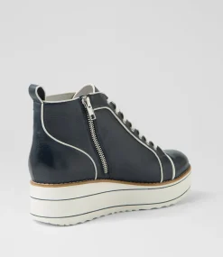 Women TOP END Boots|Wedges-Nirra Navy White Leather Patent Lace Up Boots
