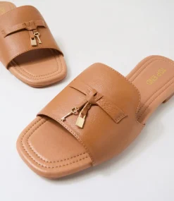 Women TOP END Slides|Flats-Nolles Dark Tan Leather Slides