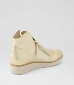 Women TOP END Boots|Wedges-Ohmy Beige Gold Smudge Leather Ankle Boots