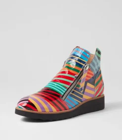 Women TOP END Boots|Wedges-Ohmy Black Stripe Multi Patent Leather Ankle Boots