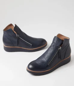 Women TOP END Boots|Wedges-Ohmy Navy Leather Ankle Boots