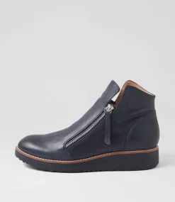 Women TOP END Boots|Wedges-Ohmy Navy Leather Ankle Boots