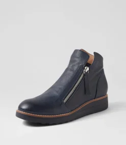 Women TOP END Boots|Wedges-Ohmy Navy Leather Ankle Boots