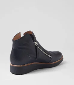 Women TOP END Boots|Wedges-Ohmy Navy Leather Ankle Boots