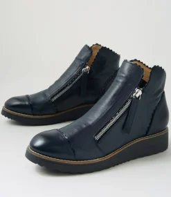 Women TOP END Boots-Ooday Navy Leather Patent Ankle Boots