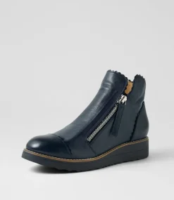Women TOP END Boots-Ooday Navy Leather Patent Ankle Boots