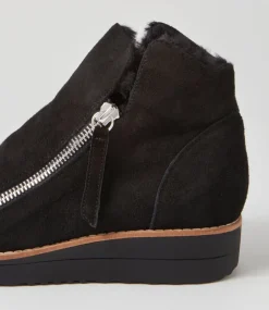 Women TOP END Boots|Wedges-Opal Black Suede Fur Ankle Boots