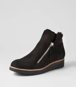 Women TOP END Boots|Wedges-Opal Black Suede Fur Ankle Boots